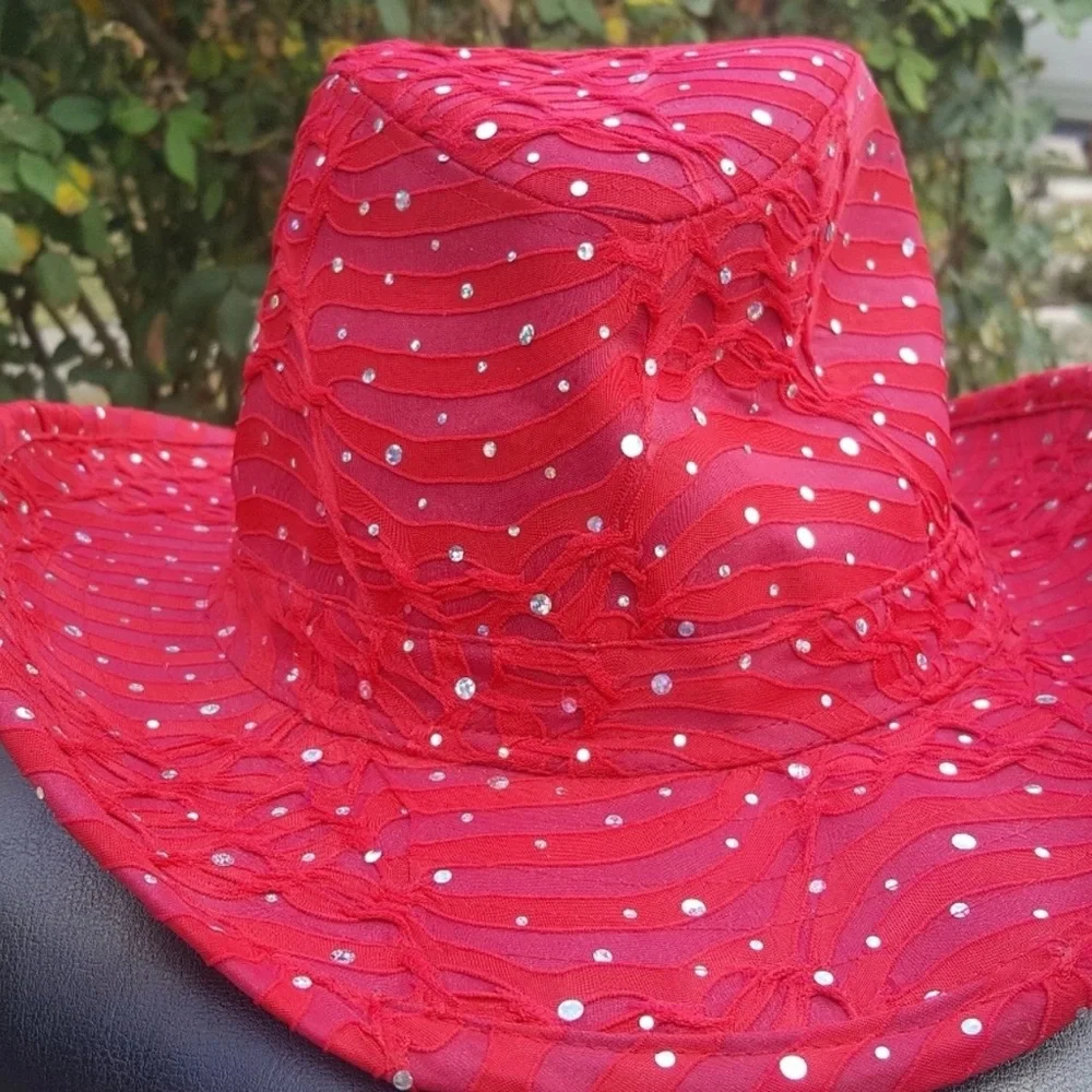 Something Special SS LA Elegant Red rhinestone western Hat with feather accent